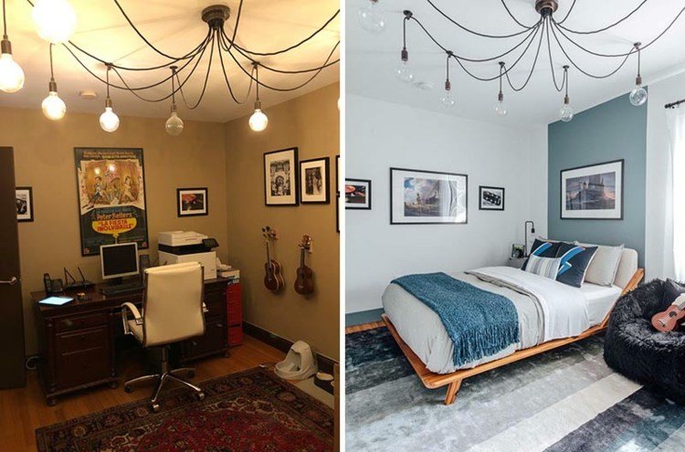 Foto de antes e depois do estúdio e do quarto de adolescente