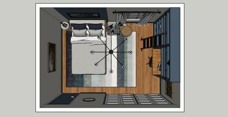 Planta 3D do quarto juvenil para meninos com distribuição de móveis