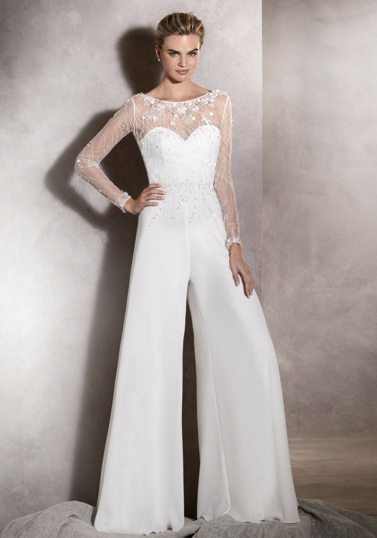 macacão para o casamento de manga comprida-transparente-seda-larga-calça-pernas-bordado-elegante