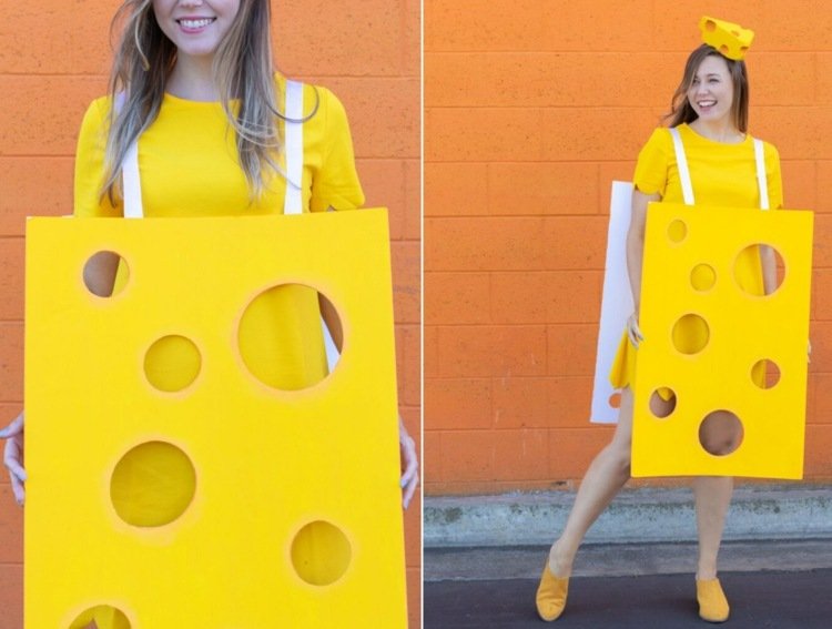Faça você mesmo fantasias de carnaval de queijo simples com papelão, espuma floral e tinta amarela