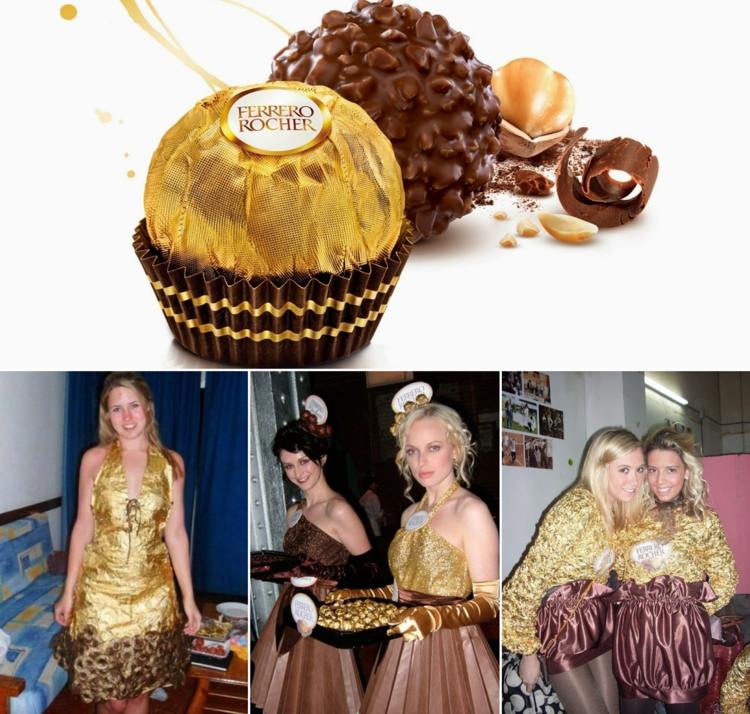 Fato Ferrero Rocher em ouro e bronze para mulheres e homens