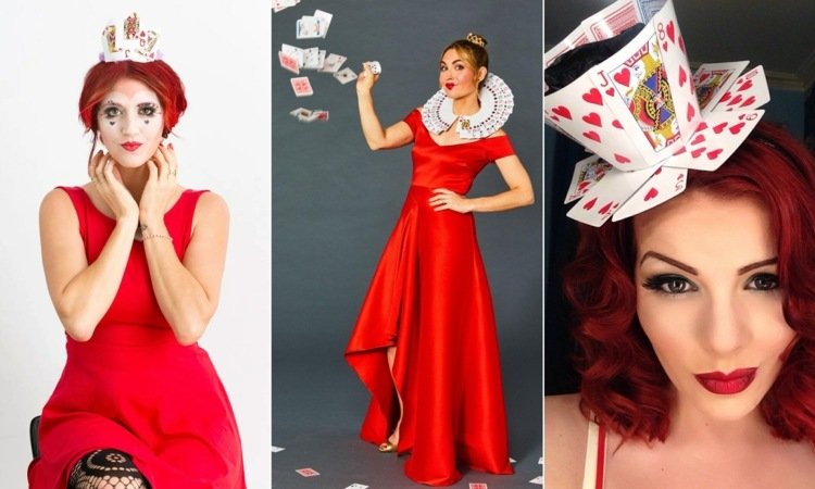 Rainha de copas com uma coroa de cartas em um vestido vermelho para o Mardi Gras