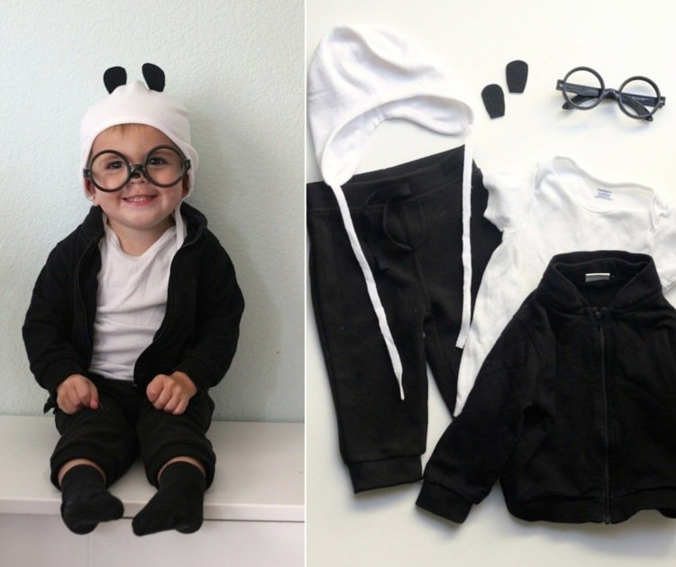 Panda em roupas pretas e brancas e óculos redondos