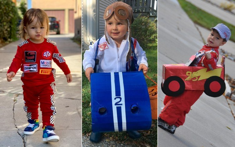 Faça você mesmo os pilotos de corrida como fantasias de carnaval - ideias com macacões e um carro feito de papelão