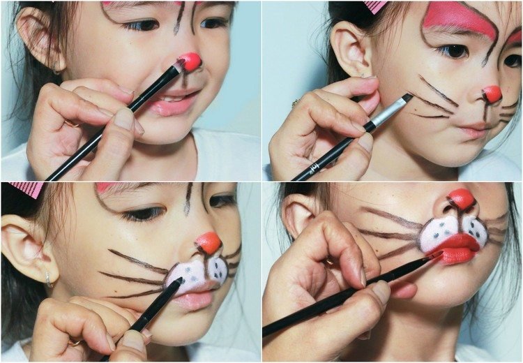 Rosto-gato-maquiagem-criança-instruções-gato-nariz-boca-parte-maquiagem-escova