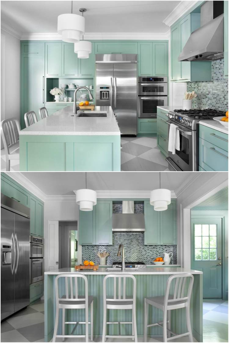 cozinha pastel moderno cozinha azulejos de mosaico de parede aço inoxidável verde menta