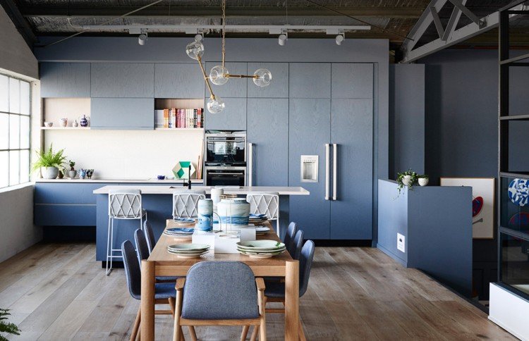 cozinha pastel loft estilo industrial pastel azul madeira cinza