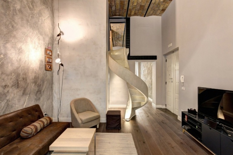 projeto da cozinha em branco alto brilho monocromático escada em espiral cinza cor da parede
