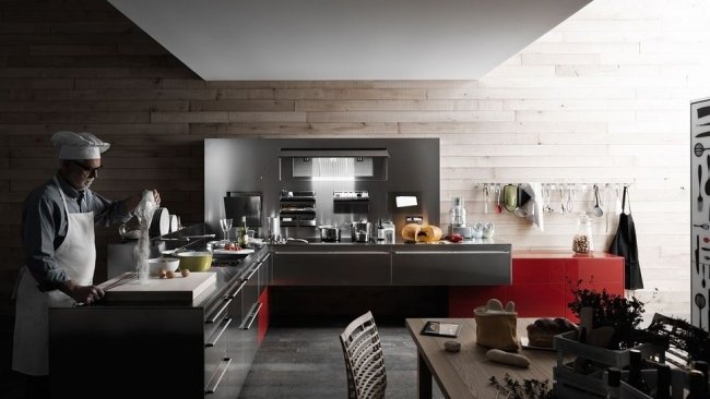 Frentes de aço inoxidável design de cozinha geladeira-moderno revestimento de parede de mesa de madeira