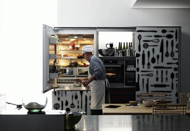Tendências em móveis de cozinha - utensílios para refrigeradores - design padrão branco preto