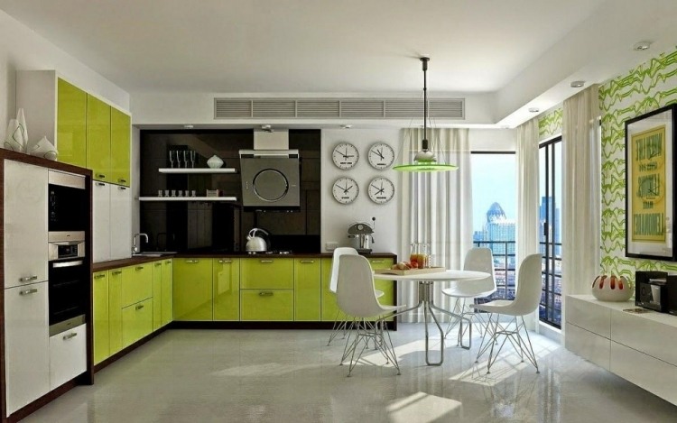 cortinas de cozinha-moderno-branco-cozinha-verde-grande-mesa-de-jantar-cadeiras