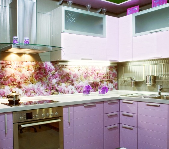 Parede traseira da cozinha - vidro acrílico foto-rosa - armários de cozinha