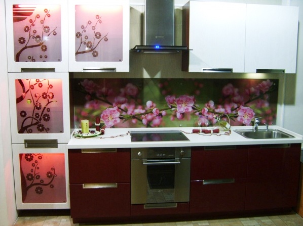 Impressão de fotos de flores na parede do fundo da cozinha