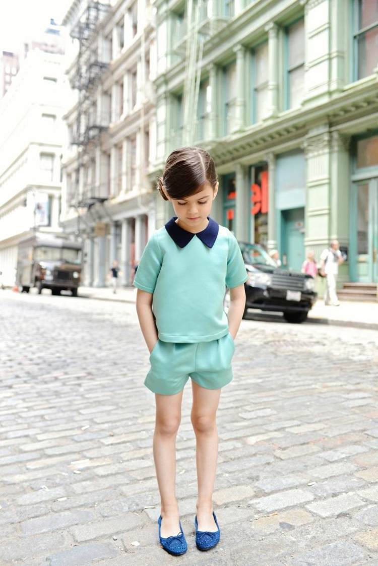 calções de rua moda infantil gola sapato azul verde menta