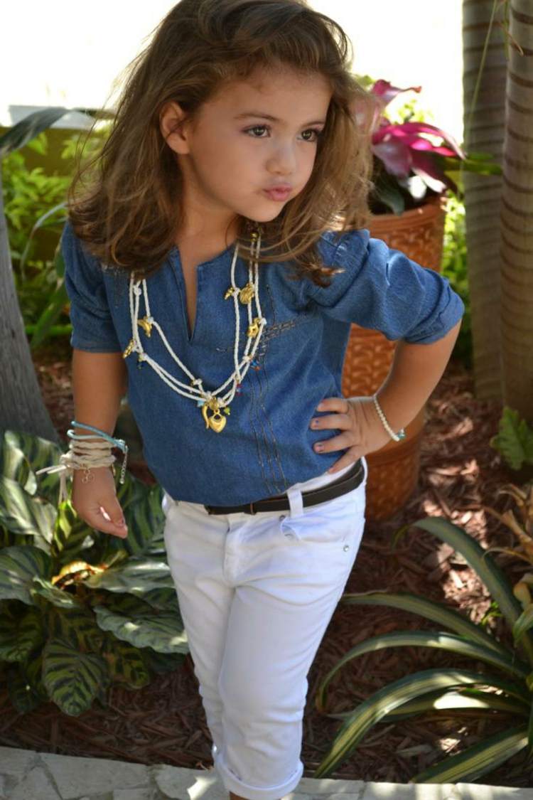 cadeia de calças de blusa de rua de moda infantil azul claro branco