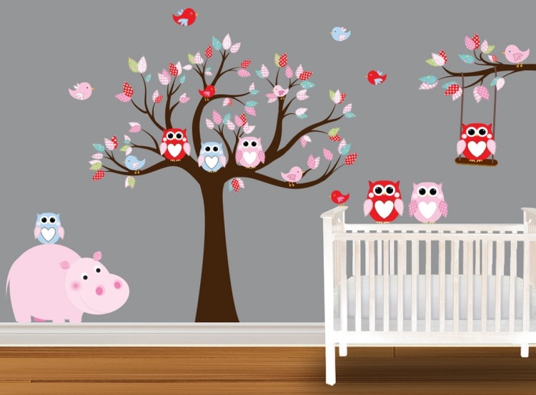 quarto-decoração-ideias-parede-decalques-árvore-coruja infantil