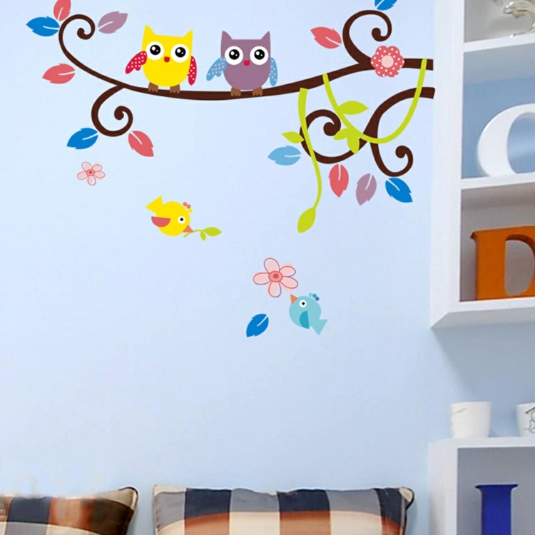 idéias de decoração de quarto infantil corujas decalques de parede coloridos prateleira travesseiros de cama