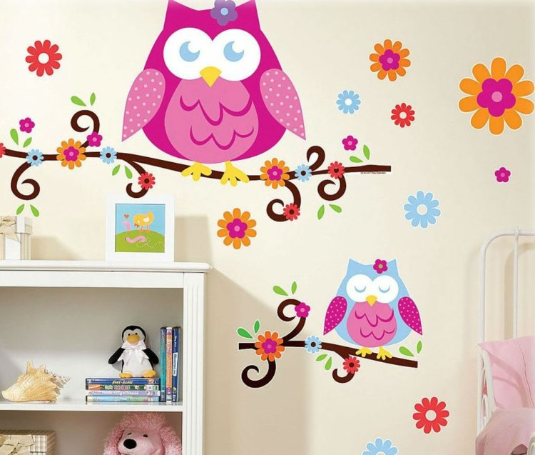 quarto infantil idéias deco flores tatuagens design de parede corujas design colorido