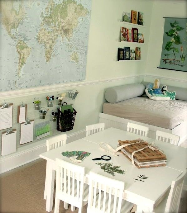 Quarto infantil, escola, criança, canto, sofá, mapa mundial, parede, organização
