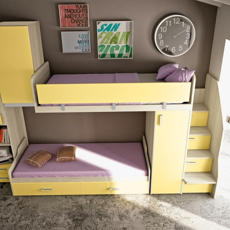 Projetar quartos infantis -ideas-cama loft-armário-escada amarela