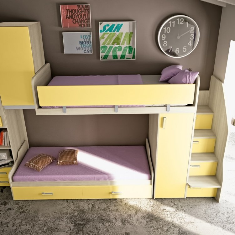 Projetar quartos infantis -ideas-cama loft-armário-escada amarela
