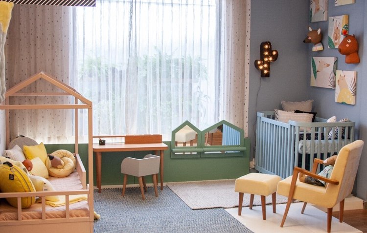 Idéias de design de quarto infantil verde, amarelo e cinza