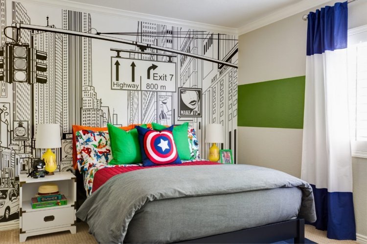 Quarto infantil com listras verdes bege para meninos design