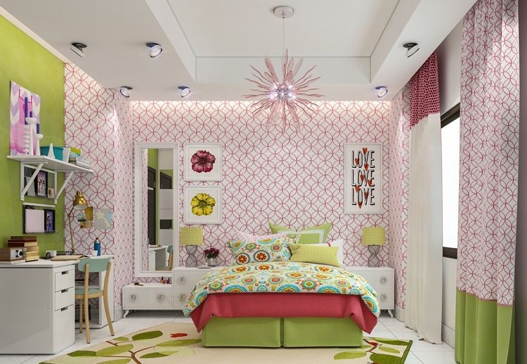 Ideias de design de quarto infantil rosa verde para quartos de meninas com papel de parede e pintura na parede