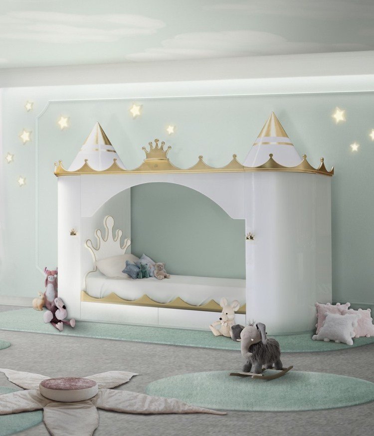 Ideias de design de ouro verde do berçário para princesa com iluminação