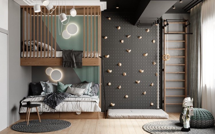 Pinte o quarto das crianças com ideias verdes e cinzas para realçar a parede da sala dos jovens