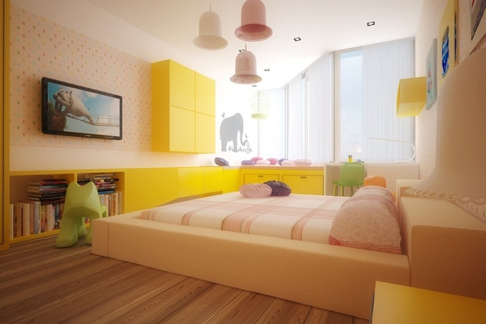 quarto-crianças-design-ideias-cama-estofada-amarelo-papel de parede-padrão