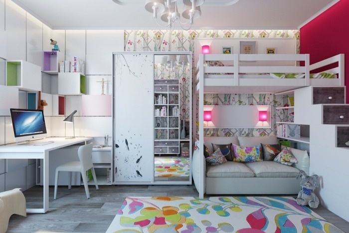 quarto de criança-cama-loft-com-escada-tapete-floral-guarda-roupa-porta-espelho