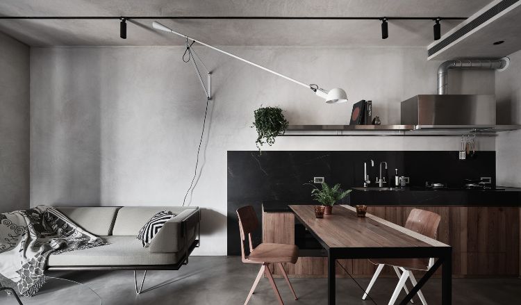 lâmpada de sofá mesa de jantar giratória cadeira piso de concreto iluminação de teto cozinha design contemporâneo