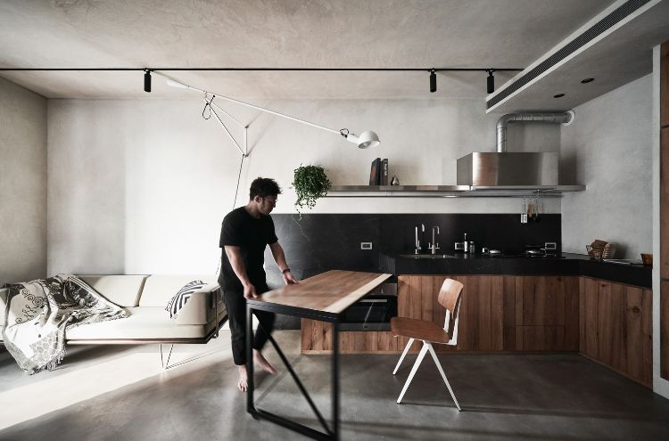 luminária de sofá cadeira de mesa giratória piso de concreto iluminação de teto cozinha design contemporâneo