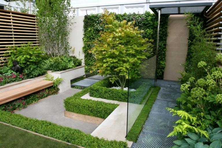 Crie um pequeno jardim, banco de nível moderno, corrimão de vidro, jardins verticais