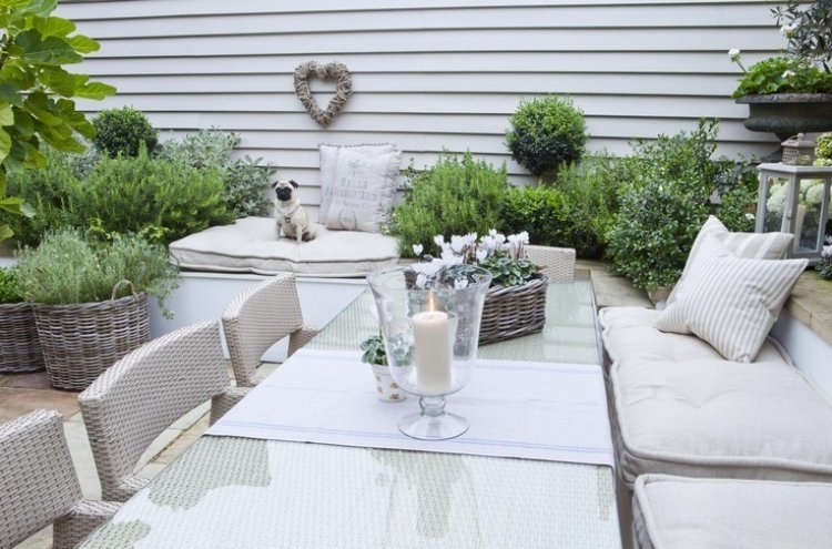 pequeno jardim design-aparência-surrada-área de jantar-vime-móveis-decoração de mesa-ciclâmen-lanterna