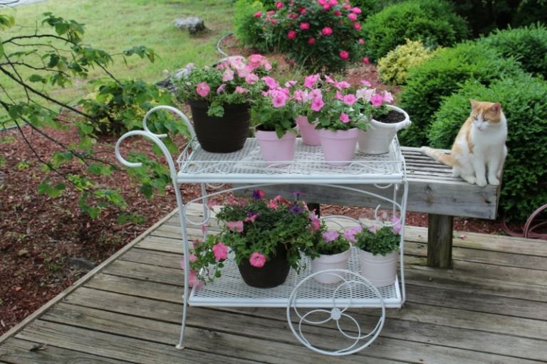 flores de jardim pequena decoração de mesa romântica mesa lateral de metal branco vintage