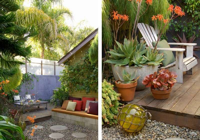 Pequeno jardim deco com balde de concreto e terraço de madeira