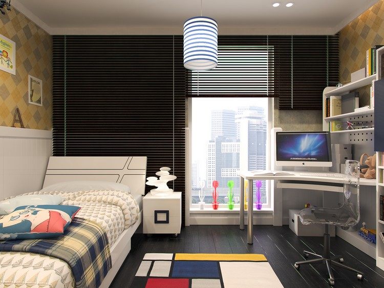 pequeno-quarto-infantil-criado-idéias-menino-branco-móveis-papel de parede padrão xadrez