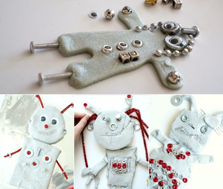 Faça figuras com argila de modelar - robôs engraçados com porcas, parafusos, clipes de papel e limpadores de cachimbo