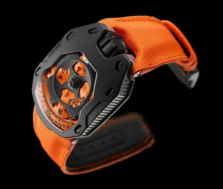 caixa de relógio laranja cavaleiro aço preto urwerk