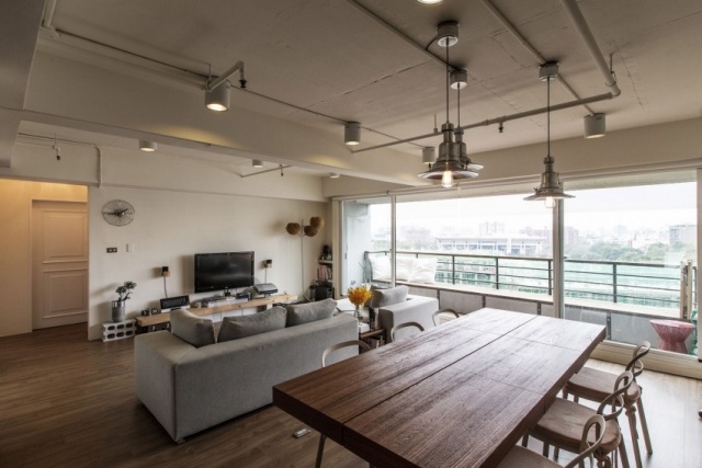 Sala de estar-varanda-vista-Taiwan-rústico-madeira maciça-mesa de jantar