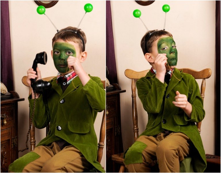 faça uma fantasia de gafanhoto para o carnaval infantil com o rosto pintado de verde
