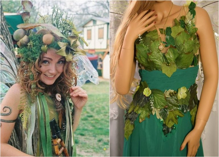 Traje da floresta para o Mardi Gras em vestido verde e toucado decorado com folhas artificiais
