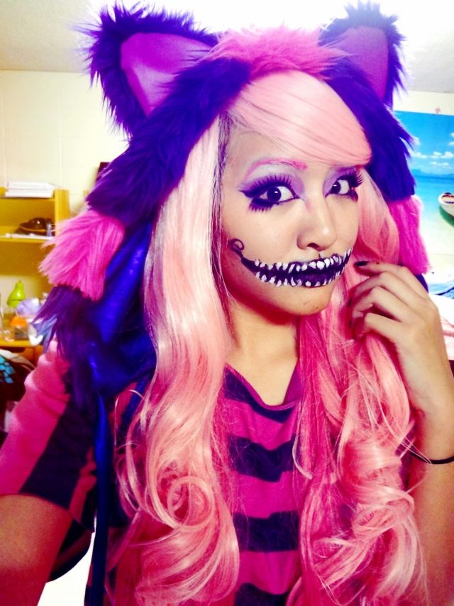 Cheshire gato fantasia boné peruca rosa make-up
