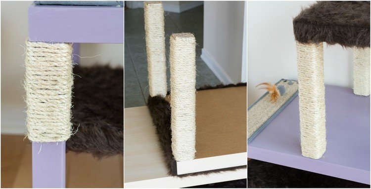 Construa sua própria árvore de gato em mesas com pés envoltos em sisal