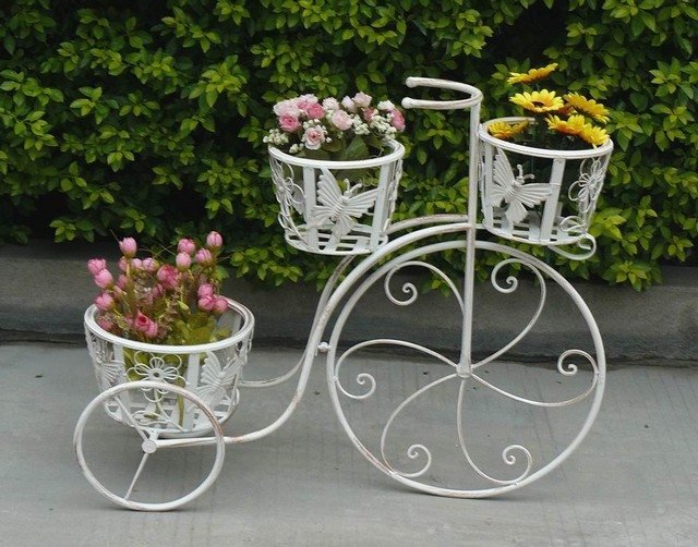 Idéias de design de jardim de suporte para plantador de triciclo para decoração de jardim