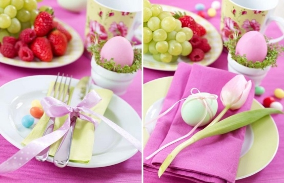 Linda decoração de Páscoa com toalha de mesa rosa e guardanapo em tulipa