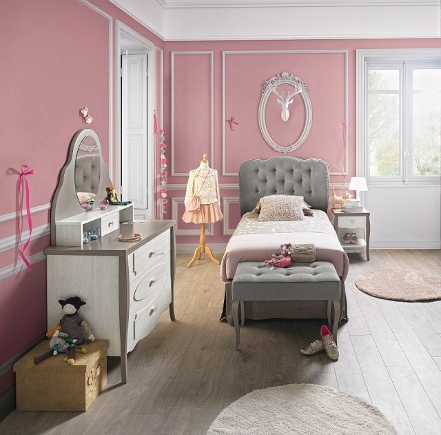 Sala de meninas cinza-rosa-Demoiselle-coleção-móveis infantis-Gautier