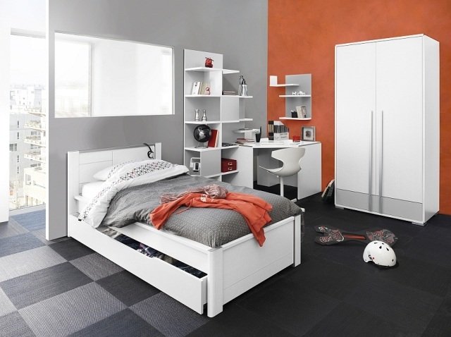 quarto-jovem-mobília-cores-modernas-cama-com-gavetas-branco-armários